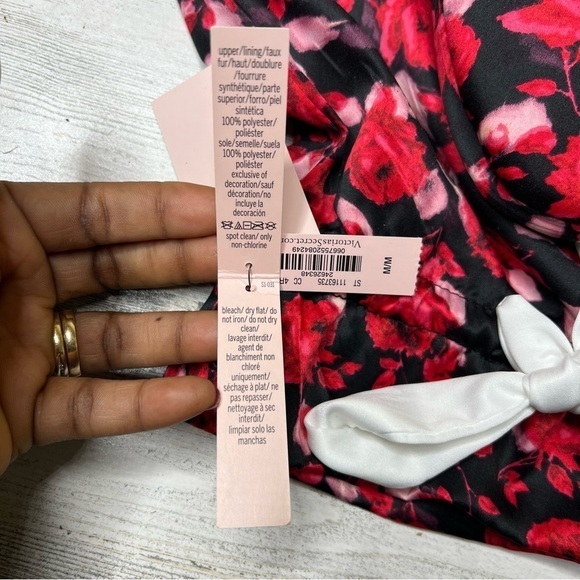 VICTORIA'S SECRET Red Pink Floral Furry‎ Satin Silk Indoor Slippers Shoes - Picture 8 of 8